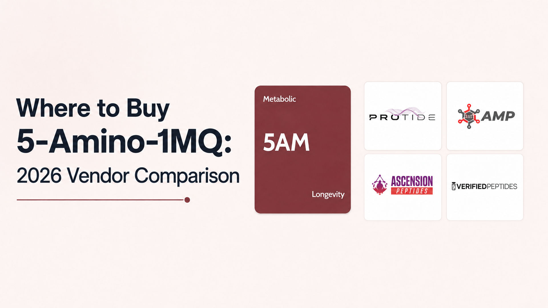 Image promoting the 2026 vendor comparison for purchasing 5-Amino-1MQ, featuring the title "Where to Buy 5-Amino-1MQ," and the logo cards for vendors: Longevity, Protide, AMP, Ascension Peptides, and Verified Peptides.