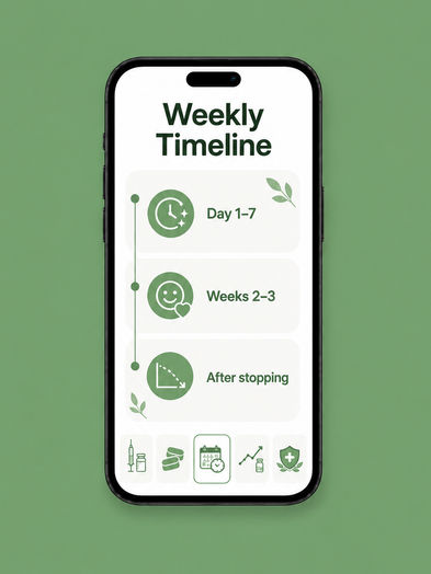 'Weekly Timeline' phone screen graphic with a connected vertical timeline showing a clock icon for Day 1-7, a heart-and-smiley icon for Weeks 2-3, and a downward-trending line icon for After Stopping, above a row of icons for injection, tablets, calendar, progress chart, and shield.