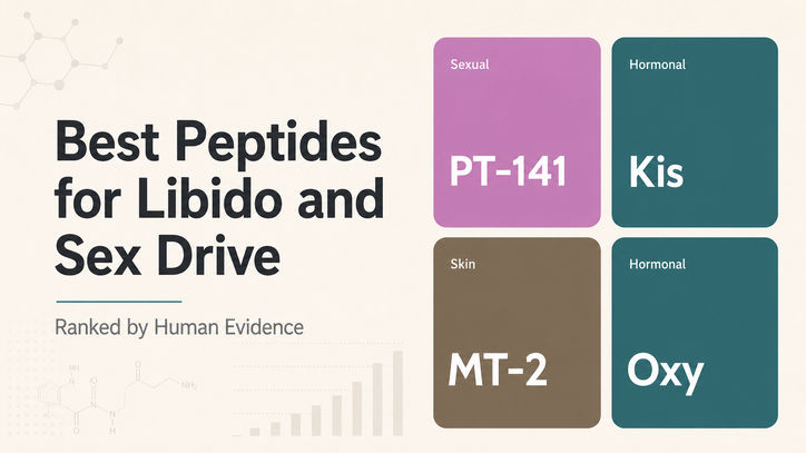 An infographic titled "Best Peptides for Libido and Sex Drive" featuring four ranked peptides: PT-141 (Sexual), Kis (Hormonal), MT-2 (Skin), and Oxy (Hormonal), with a light background and scientific elements.