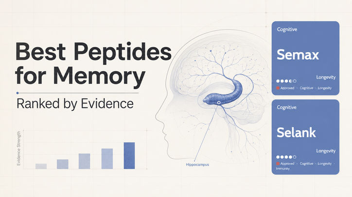 Illustration of a human brain with a highlighted hippocampus, alongside text stating "Best Peptides for Memory Ranked by Evidence." Two peptide names, Semax and Selank, are presented with their features including cognitive benefits and longevity ratings. A bar graph indicates evidence strength.