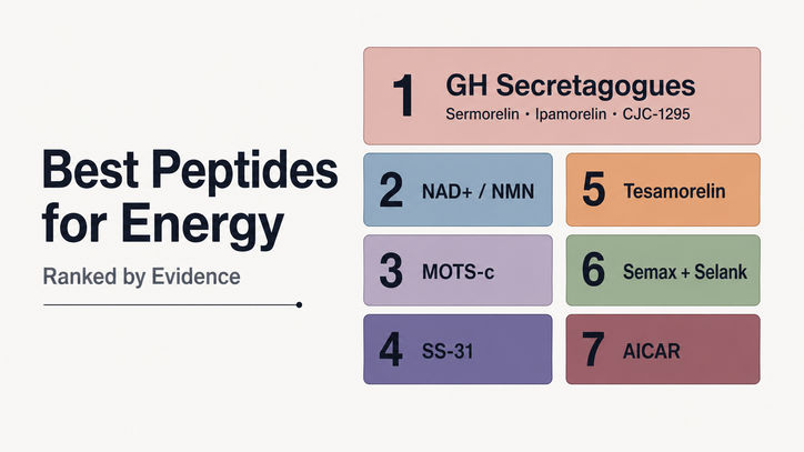 A chart titled "Best Peptides for Energy, Ranked by Evidence," listing seven peptides with their rankings: 1. GH Secretagogues (Sermorelin, Ipamorelin, CJC-1295), 2. NAD+/NMN, 3. MOTS-c, 4. SS-31, 5. Tesamorelin, 6. Semax + Selank, and 7. AICAR.