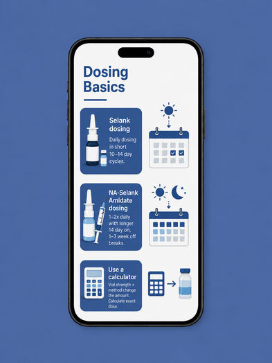 'Dosing Basics' phone screen graphic comparing a Selank nasal spray bottle dosed daily in short 10-14 day cycles against an NA-Selank Amidate nasal spray and syringe dosed 1-2x daily with a 14-day-on, 1-3-week-off cycle, plus a calculator-and-vial panel noting that vial strength and method change the exact dose.
