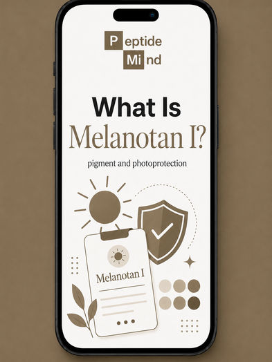 PeptideMind graphic titled 'What Is Melanotan I?' showing a sun, shield checkmark, skin-tone swatches, and a clipboard icon representing pigment and photoprotection.