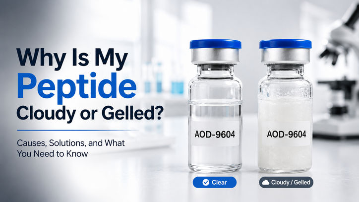 Image showing two vials labeled AOD-9604. On the left, a clear vial with a liquid substance, and on the right, a cloudy or gelled vial. The text reads, "Why Is My Peptide Cloudy or Gelled? Causes, Solutions, and What You Need to Know."