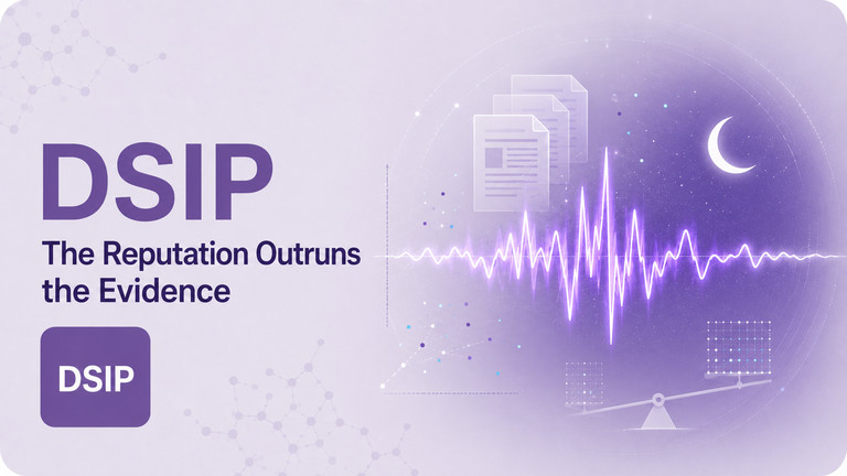 Graphic featuring the text "DSIP" prominently, with the subtitle "The Reputation Outruns the Evidence." The background is a soft purple with abstract elements, including documents, a heartbeat graph, a crescent moon, and data charts, creating a modern and professional aesthetic.