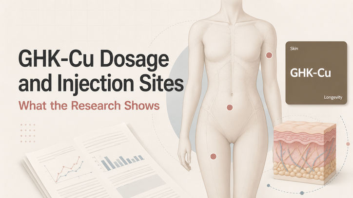 Graphic illustrating GHK-Cu dosage and injection sites. Features a stylized human figure highlighting injection points, a close-up of skin layers, and graphs on research findings. Text prominently states "GHK-Cu Dosage and Injection Sites" and "What the Research Shows."
