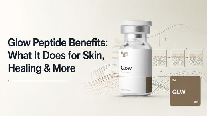 Glow peptide benefits blog graphic featuring a Glow peptide vial and skin-repair illustration for skin, healing and tissue support.