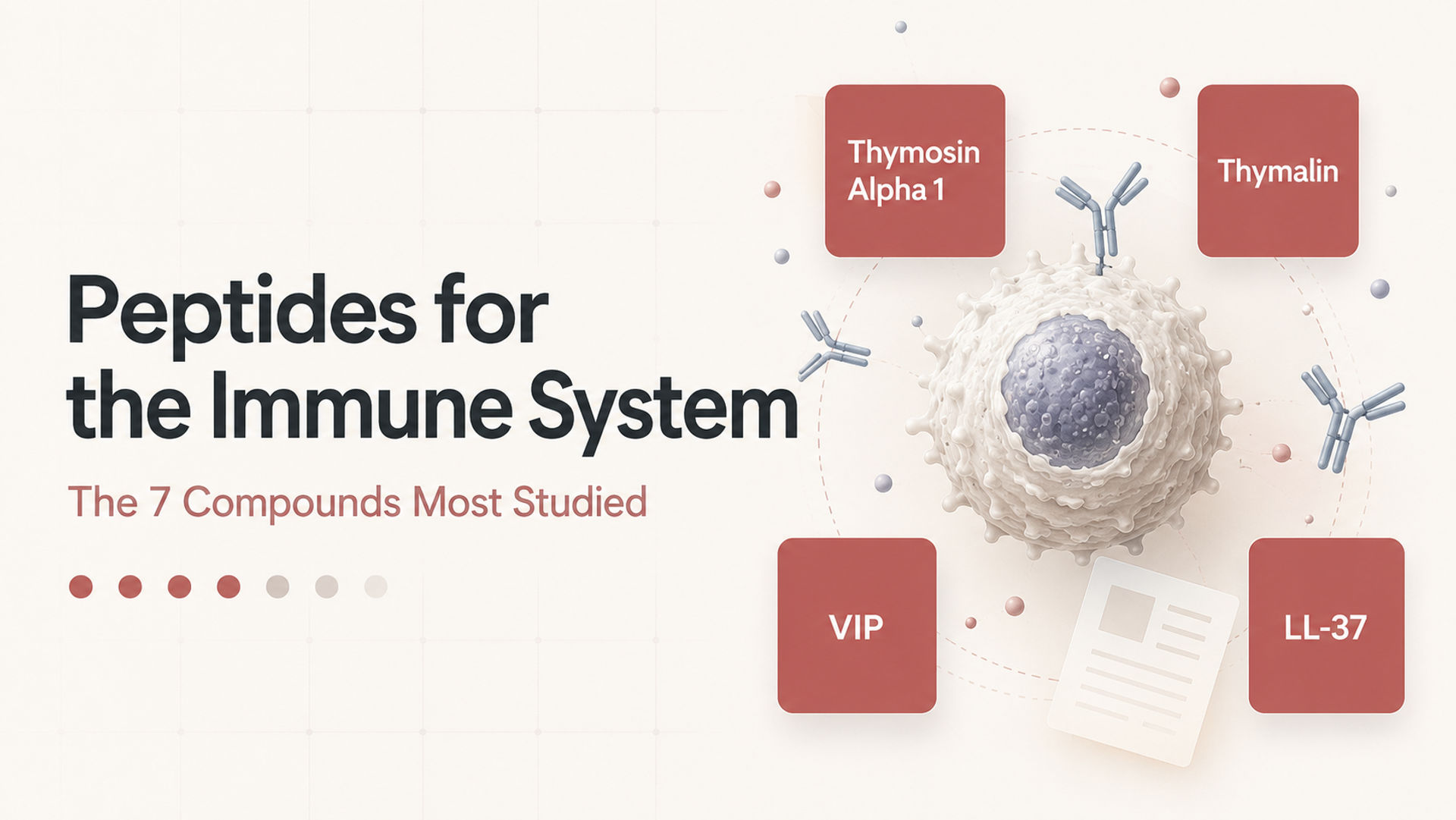 Illustration of an immune cell with labeled boxes for Thymosin Alpha 1, Thymalin, VIP, and LL-37, highlighting the topic "Peptides for the Immune System: The 7 Compounds Most Studied."