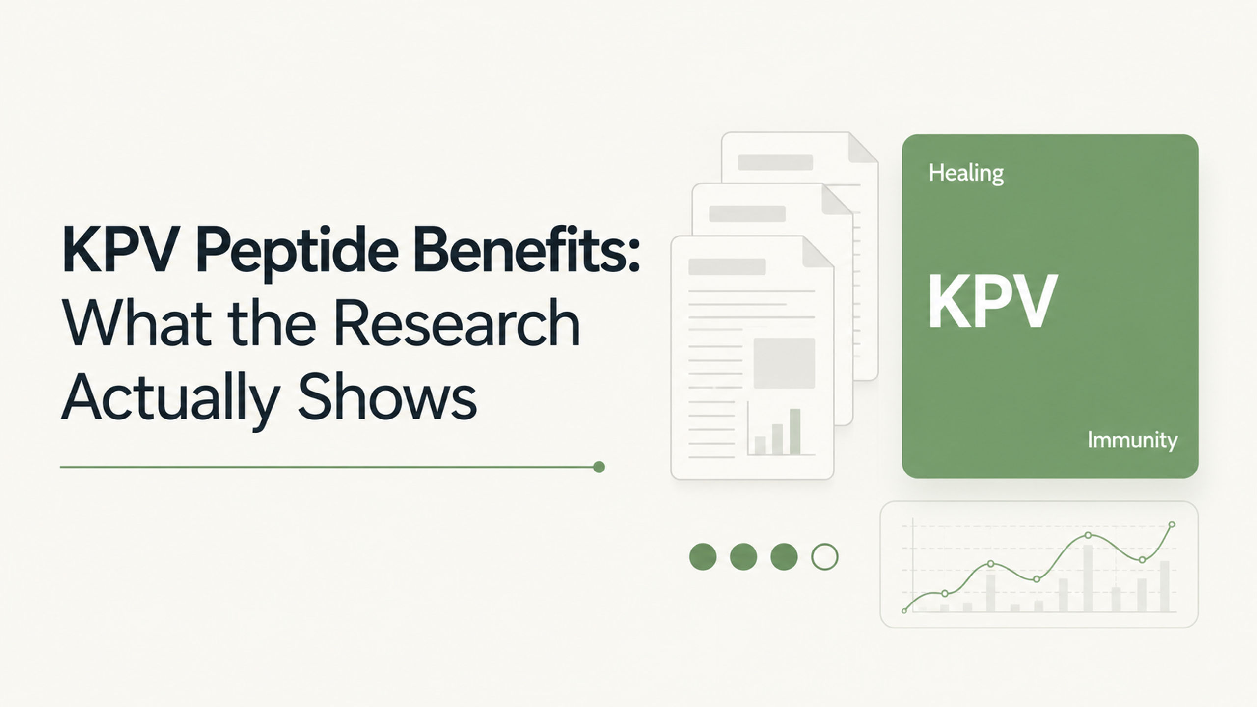 Image features a title "KPV Peptide Benefits: What the Research Actually Shows," accompanied by graphical elements including documents, data charts, and the term "KPV" highlighted, emphasizing themes of healing and immunity.