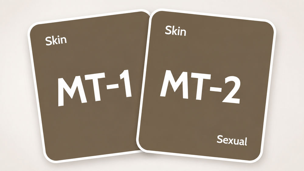 Two brown cards labeled "MT-1" and "MT-2" with the category "Skin" above "MT-1" and "Sexual" beneath "MT-2".