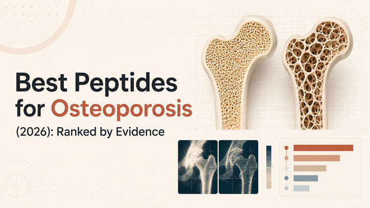 Graphic illustrating "Best Peptides for Osteoporosis (2026): Ranked by Evidence," featuring two bone structures with a porous interior, alongside x-ray images of hip joints and a color-coded ranking chart.