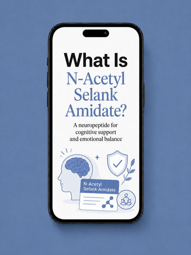 Infographic titled 'What Is N-Acetyl Selank Amidate?' on a smartphone screen describing it as a neuropeptide for cognitive support and emotional balance, with icons of a head and brain, a shield with checkmark, a molecule structure card, and a meditating figure.
