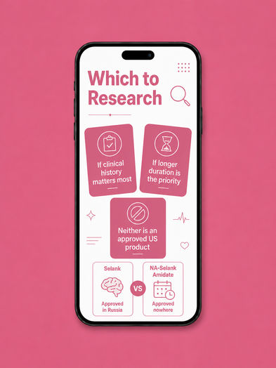 'Which to Research' comparison graphic on a smartphone screen showing Selank vs NA-Selank Amidate with icons for clinical history, longer duration, and neither being FDA-approved, noting Selank is approved in Russia while NA-Selank Amidate is approved nowhere.