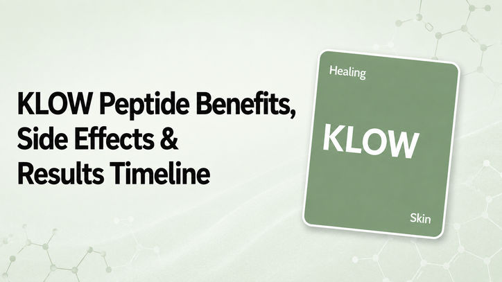 Graphic featuring the text "KLOW Peptide Benefits, Side Effects & Results Timeline" on a light background with a green card displaying the word "KLOW" and the category "Skin."