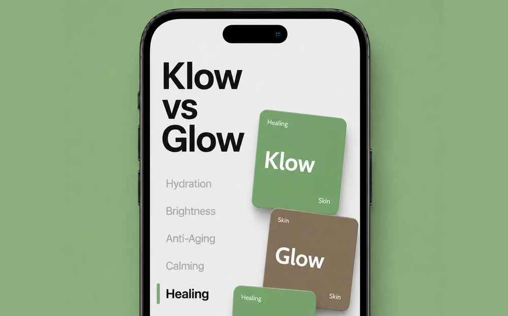 A smartphone screen displays a graphic comparing "Klow vs Glow," highlighting skincare benefits like hydration, brightness, anti-aging, calming, and healing. The design features green and brown cards labeled "Klow" and "Glow" with corresponding skincare attributes.