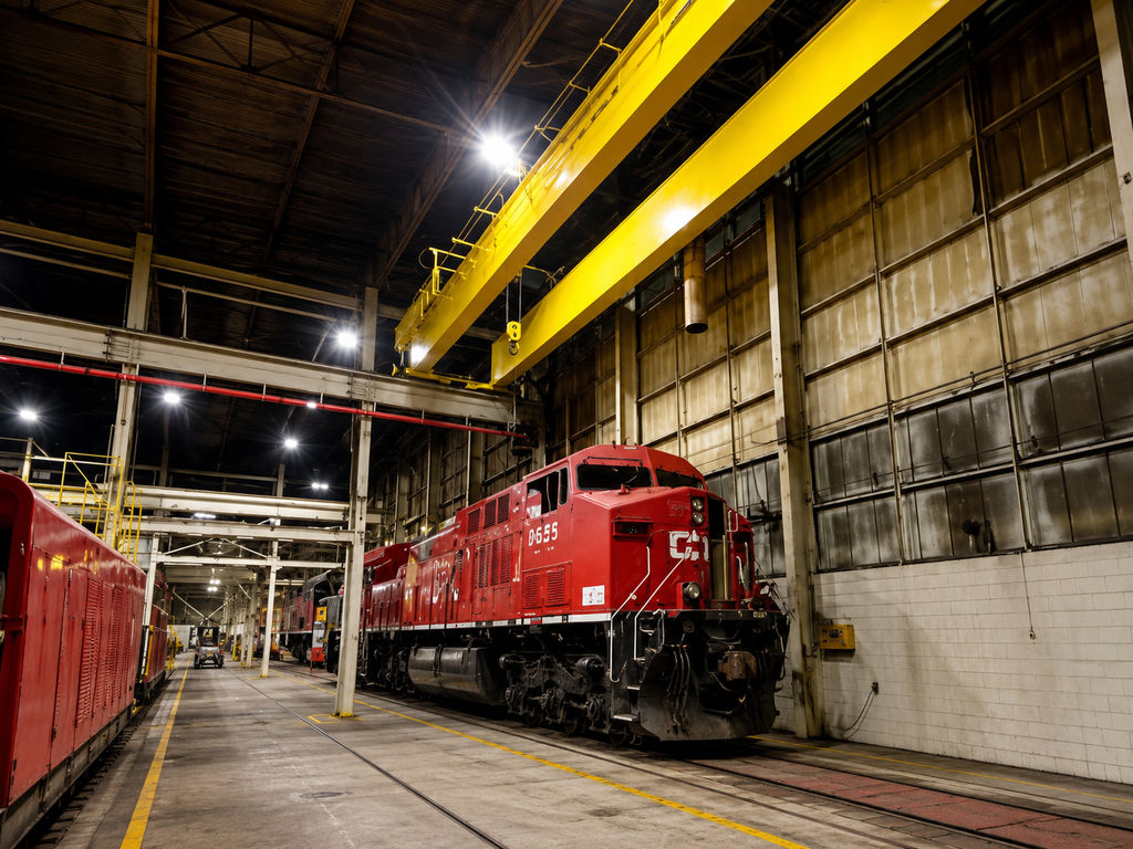 Red locomotive inside a rail maintenance shop lit by bright LED high-bay fixtures