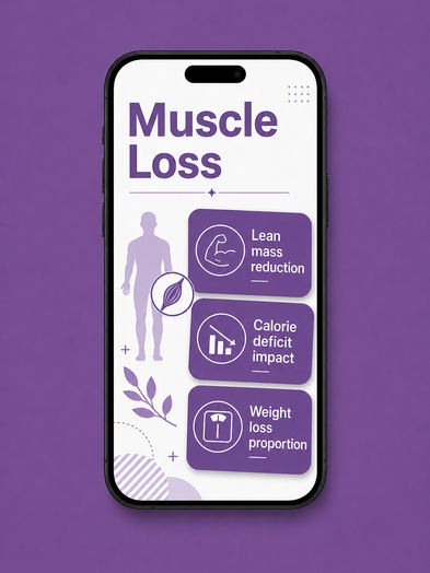 Phone mockup titled 'Muscle Loss' showing a human silhouette with a muscle icon beside three purple cards labeled Lean Mass Reduction, Calorie Deficit Impact, and Weight Loss Proportion.