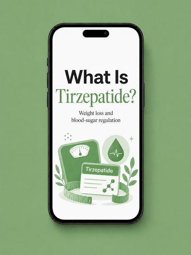 Smartphone screen on a green background showing a 'What Is Tirzepatide? Weight loss and blood-sugar regulation' graphic with icons of a bathroom scale, a measuring tape, a water droplet with a pulse line, and a Tirzepatide prescription label with a molecule diagram.