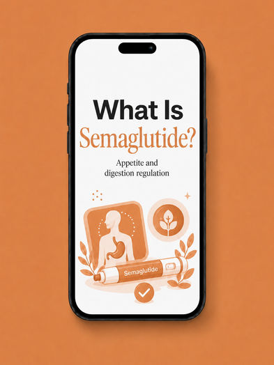 Smartphone graphic titled 'What Is Semaglutide? Appetite and digestion regulation' showing a Semaglutide pen labeled with a stomach/digestive-tract icon inside a human silhouette, a leaf icon in a circle, a checkmark badge, and leaf branches.