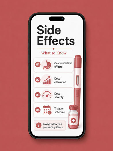 Phone mockup titled 'Side Effects: What to Know' with four numbered rows — gastrointestinal effects, dose escalation, dose severity, and titration schedule — each with an icon, plus a note to follow provider guidance beside an injector pen and vial.