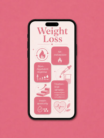 Phone screen graphic titled 'Weight Loss' with six pink tiles covering fat metabolism, dose-dependent response, titration-level variance, insulin sensitivity, and icons for a flame, a dropper and beaker, a step-increase arrow, and a heartbeat line.