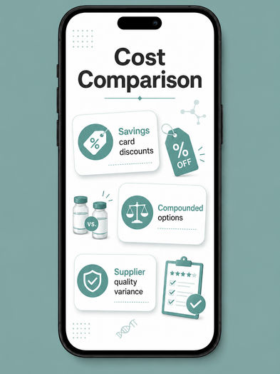 Phone screen showing a 'Cost Comparison' infographic with three teal-and-white cards labeled Savings, Compounded Options, and Supplier Quality Variance, each with a matching icon like a price tag, a balance scale, and a checklist clipboard.