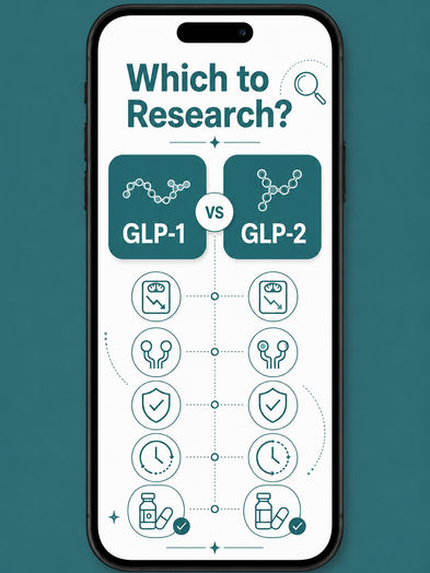 Phone screen graphic titled 'Which to Research?' with five rows of matching icons — a weight scale, injection pens, a shield checkmark, a clock, and a vial with checkmark — aligned side by side on a dotted timeline comparing the two peptides.