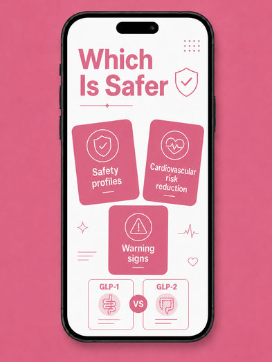 Pink 'Which Is Safer' phone-screen graphic with a shield checkmark icon and three cards labeled Safety Profiles, Cardiovascular Risk Reduction, and Warning Signs, each with a matching heart, warning-triangle, or heartbeat icon.