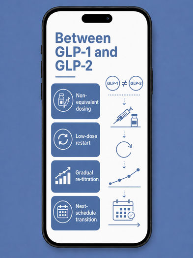 Phone screen infographic titled 'Switching Between' with four steps — non-equivalent dosing, low-dose restart, gradual re-titration, and next-schedule transition — each with an icon like a vial, refresh arrows, a rising bar chart, and a calendar.