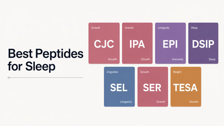 Best Peptides for Sleep with seven colored boxes listing peptides: CJC, IPA, EPI, DSIP, SEL, SER, and TESA, along with their associated benefits like growth, longevity, sleep, and immunity.