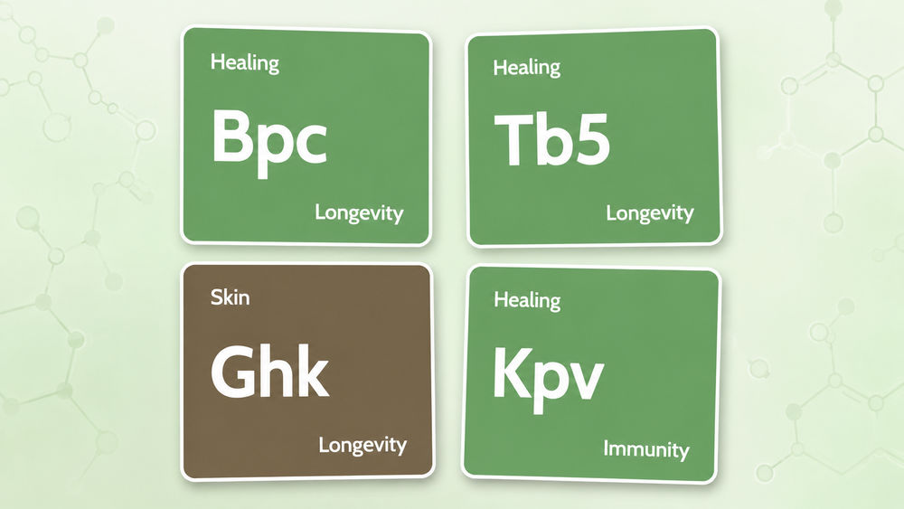 Four green and brown square cards displaying health-related keywords: "Bpc" and "Tb5" under "Healing" and "Longevity," and "GhK" under "Skin" and "Longevity," along with "Kpv" under "Healing" and "Immunity," set against a light green background with a molecular pattern.
