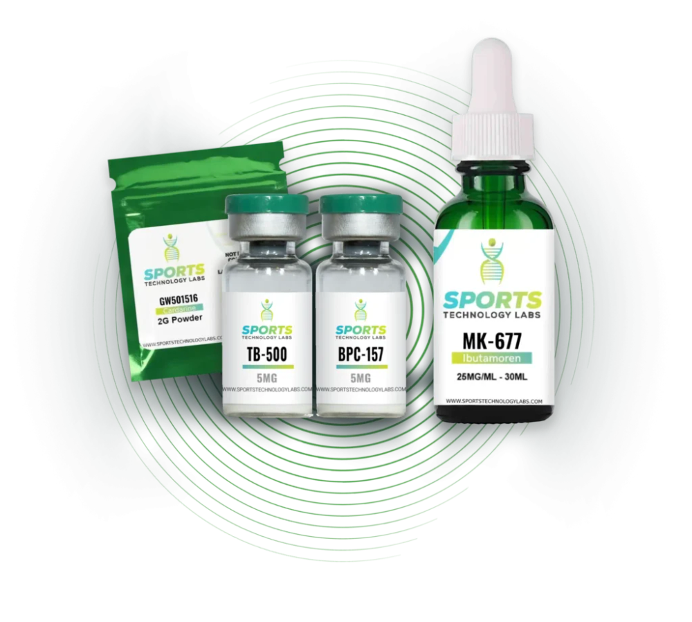 A collection of sports supplements from Sports Technology Labs, featuring a green pouch labeled GW501516 2G Powder, two vials of TB-500 and BPC-157 (both 5mg), and a dropper bottle of MK-677 (25mg/ml, 30ml). The items are set against a graphic pattern in the background.