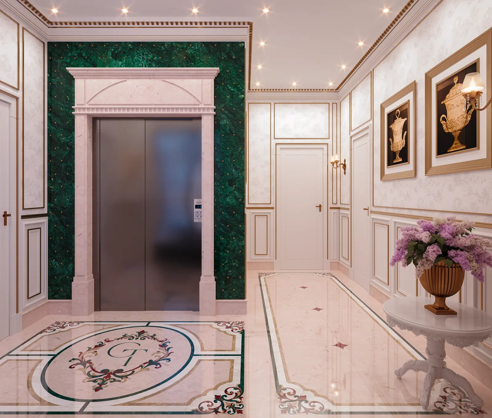 Hall de entrada do Grand Trianon Residence com mármores nobres e detalhes dourados