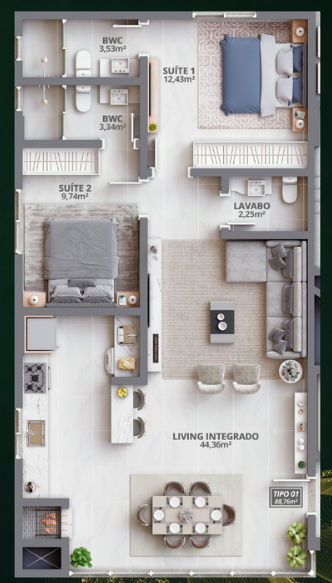 Planta do apartamento de 2 suítes do Grand Trianon Residence