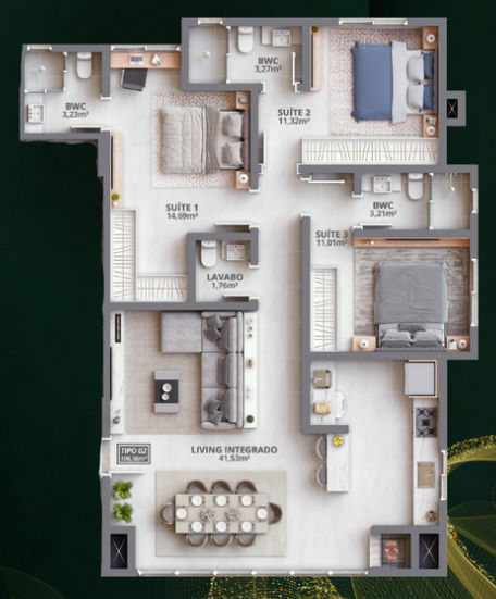 Planta do apartamento de 3 suítes do Grand Trianon Residence