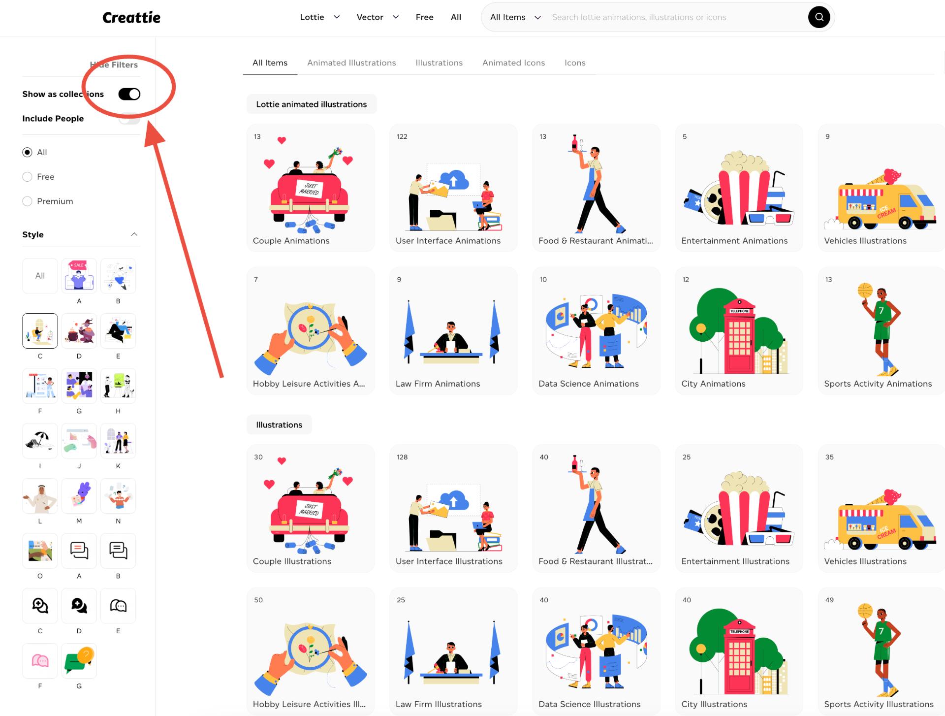 show as collections in creattie