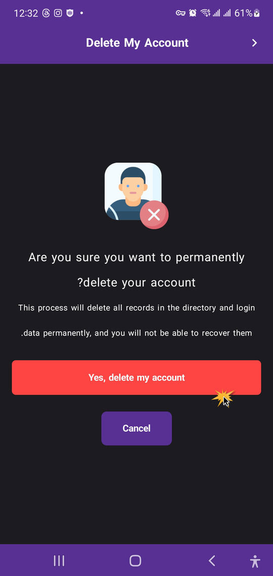 how to delete your account in app step 1