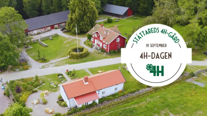Flygfoto av gården med text "4H-dagen, 19 september"