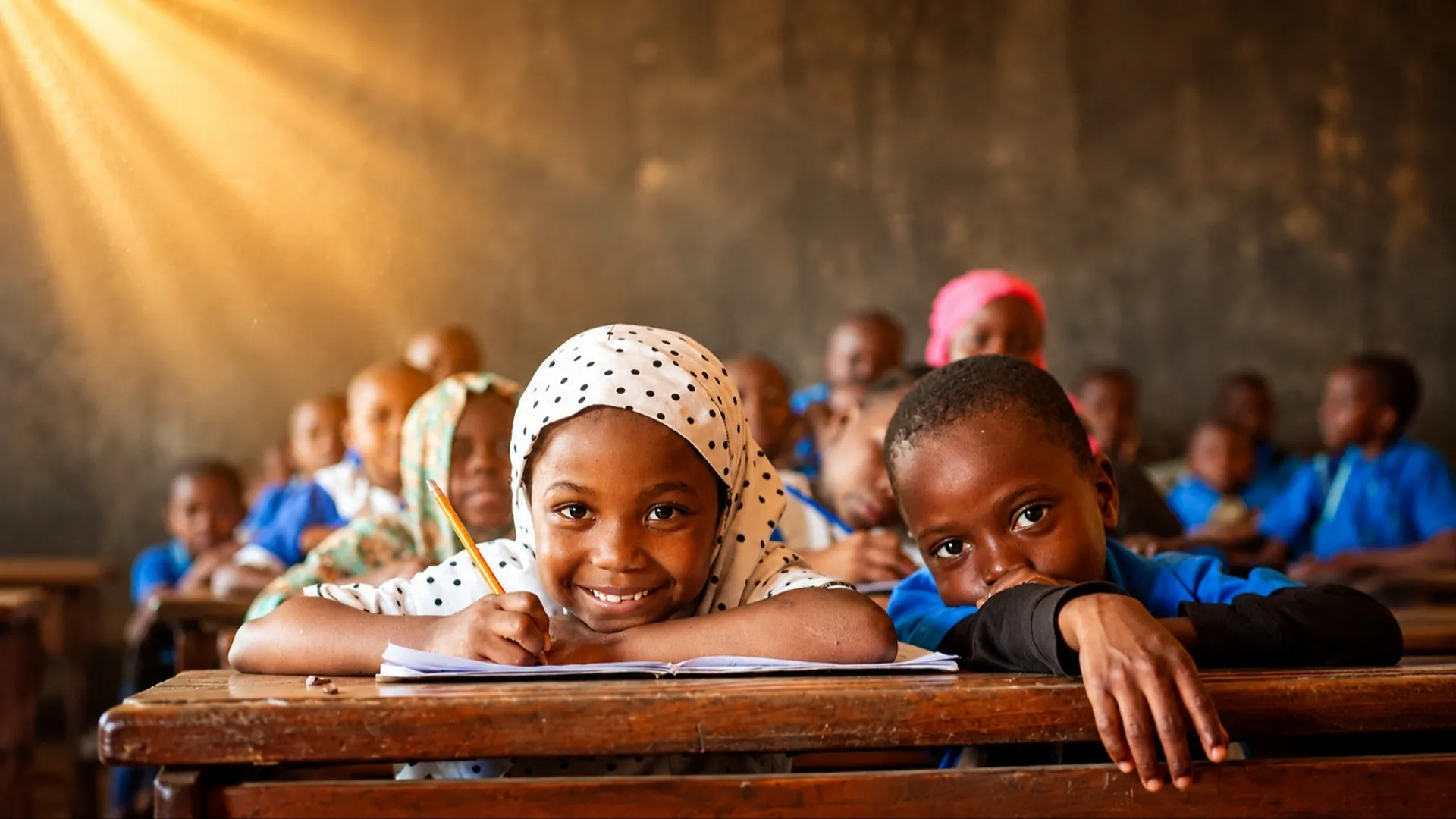 Bilden föreställer två afrikanska skolbarn. Flickan till vänster håller i en penna och pojken till höger om henne lutar sig över bordet och håller fram handen. 