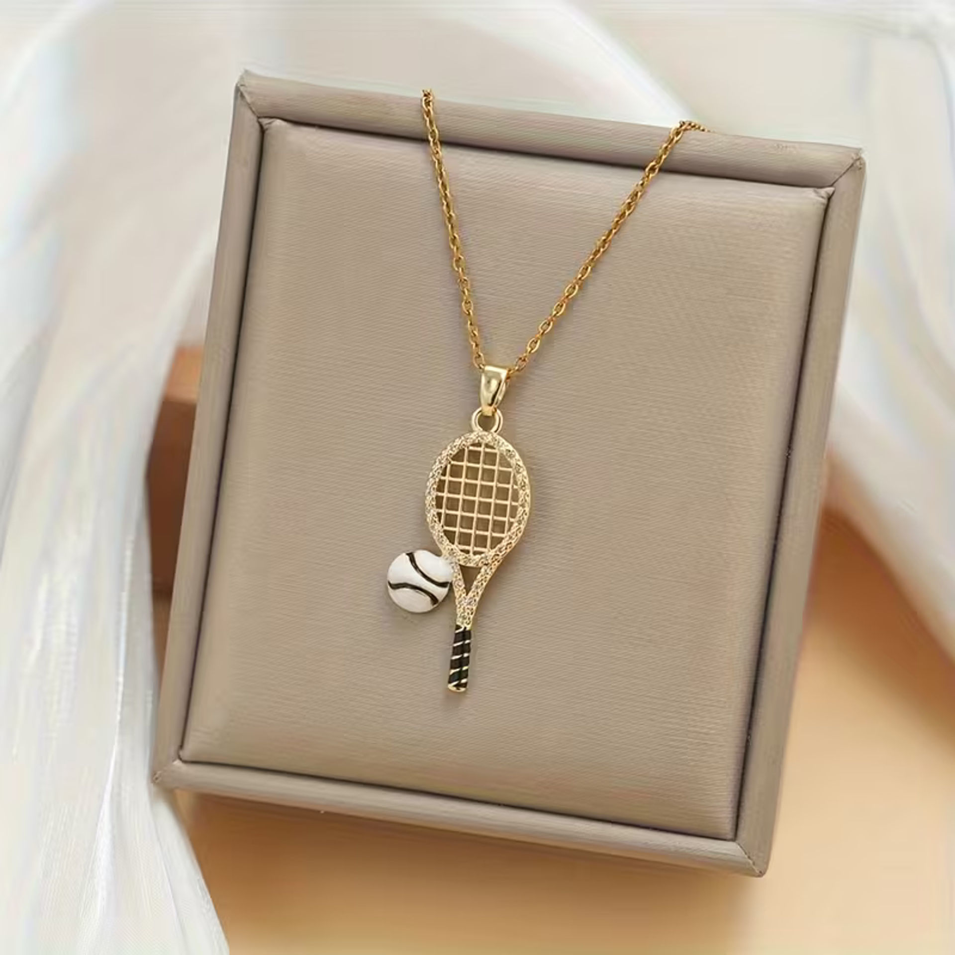 گردنبند تنیس تنادور Stainless Steel Gorgeous Synthetic Zirconia Tennis Racket Pendant