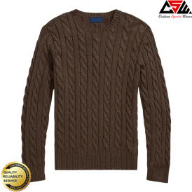 Cable-Knit Crewneck Sweater – Brown