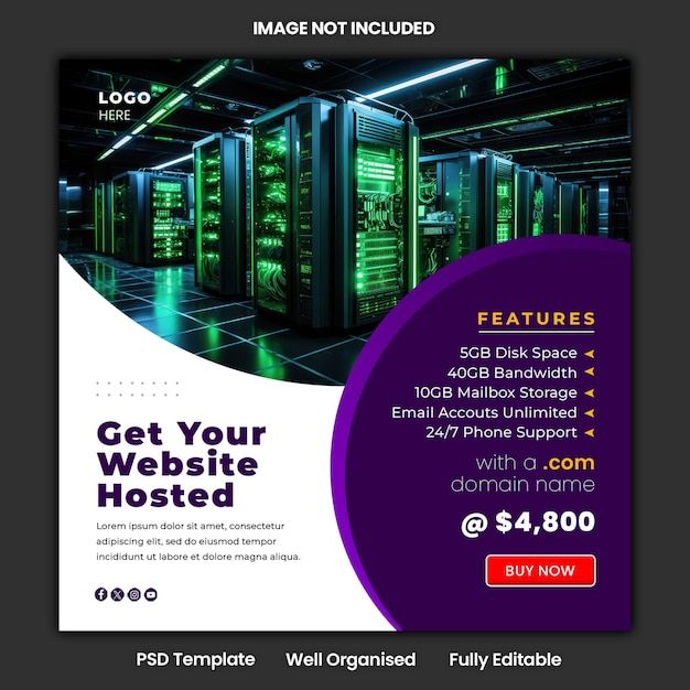 Flyer template for web hosting and social media promotion with digital icons and text space