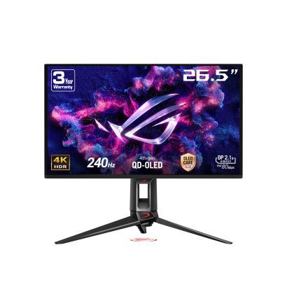 Front view of rog swift oled pg27ucdm gaming monitor with screen on