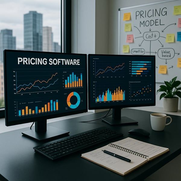 Modern workspace with dual monitors showing pricing analytics graphs notepad and coffee cup