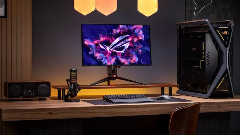 Rog swift oled pg27ucdm monitor displaying vibrant gaming