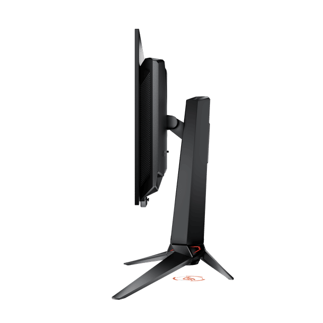 Side view of rog swift oled pg27ucdm gaming monitor showing screen and stand