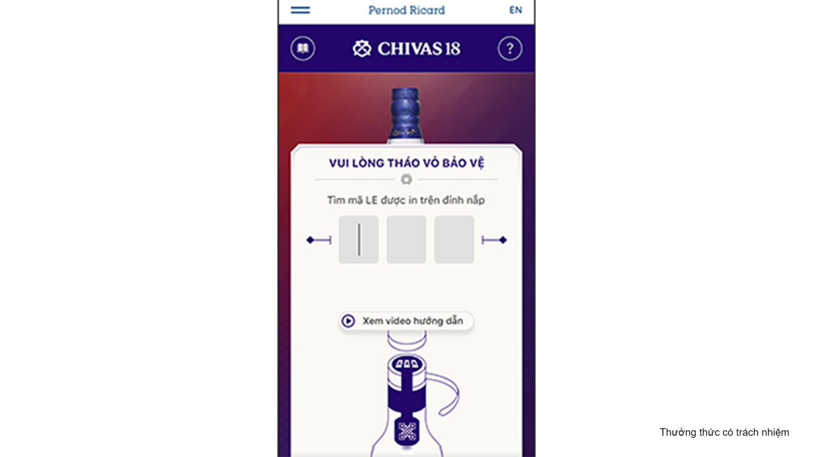 Nhập mã bảo vệ được in trên đỉnh nắp chai.