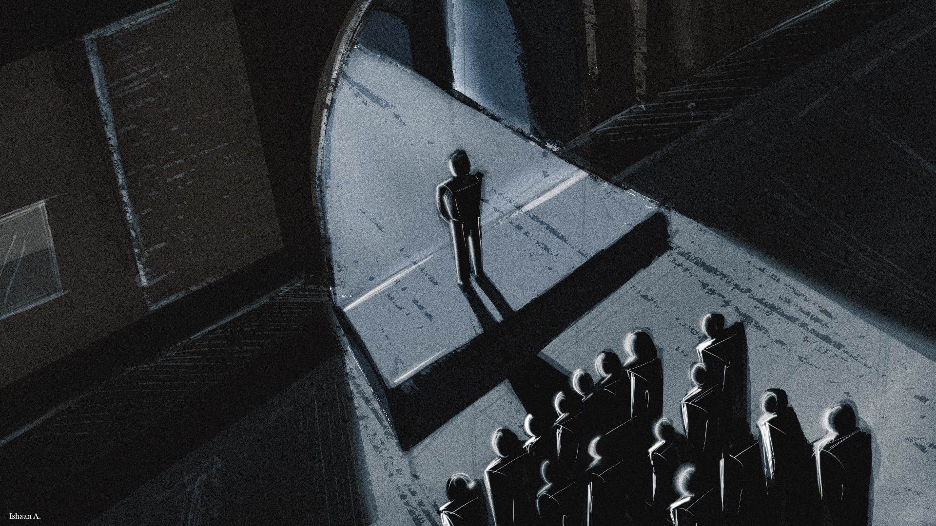A lone figure standing under a spotlight, facing a crowd in a dark, abstract setting