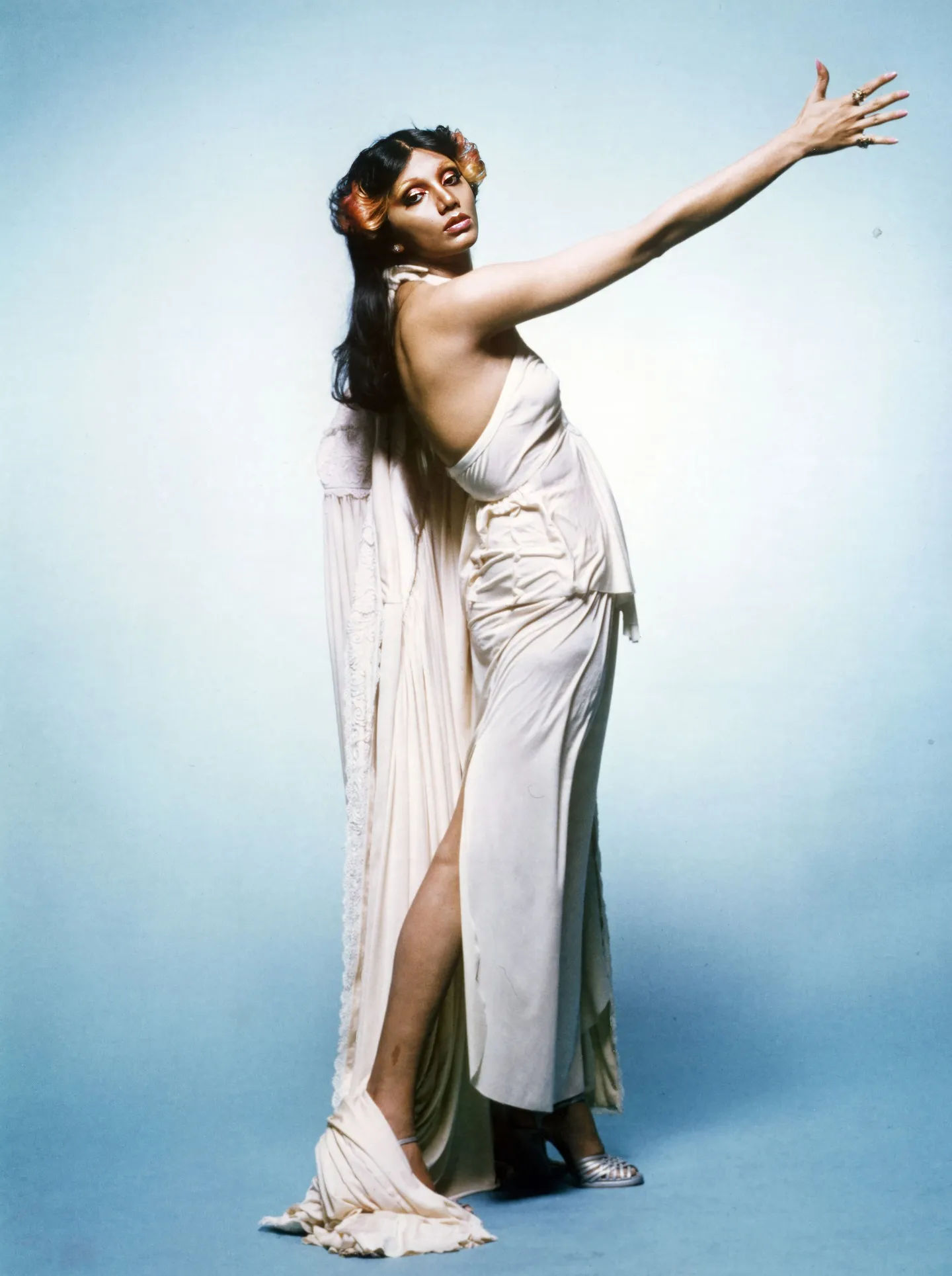 Asha Puthli fashion portrait in white gown