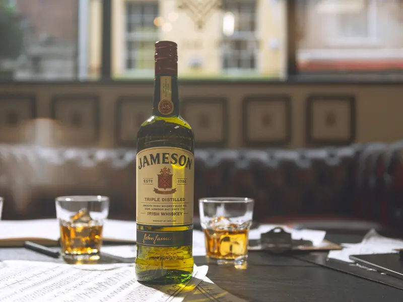 jameson blended irish whiskey bottle and two servings on ice